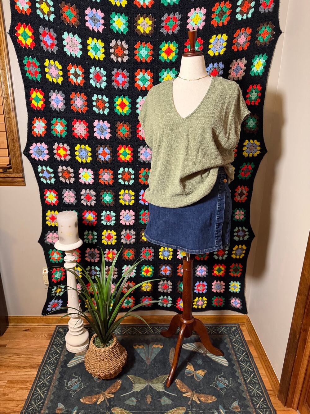Next Sage Green Textured V Neck Top US 18 Relaxed Boho Blouse